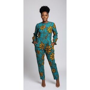 NWT African Print Long Sleeve Blue Orange Jumpsuit Pockets By Ace Kouture Size S